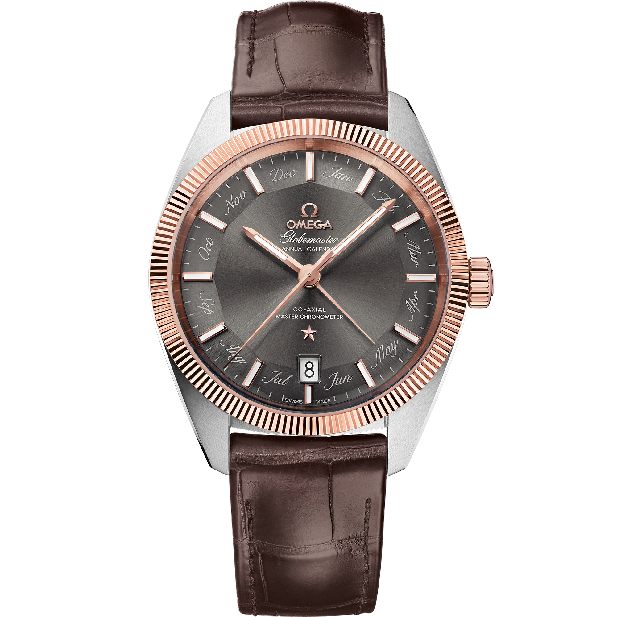 Omega CONSTELLATION GLOBEMASTER 41 mm, steel ‑ Sedna™ gold on leather strap 130.23.41.22.06.001