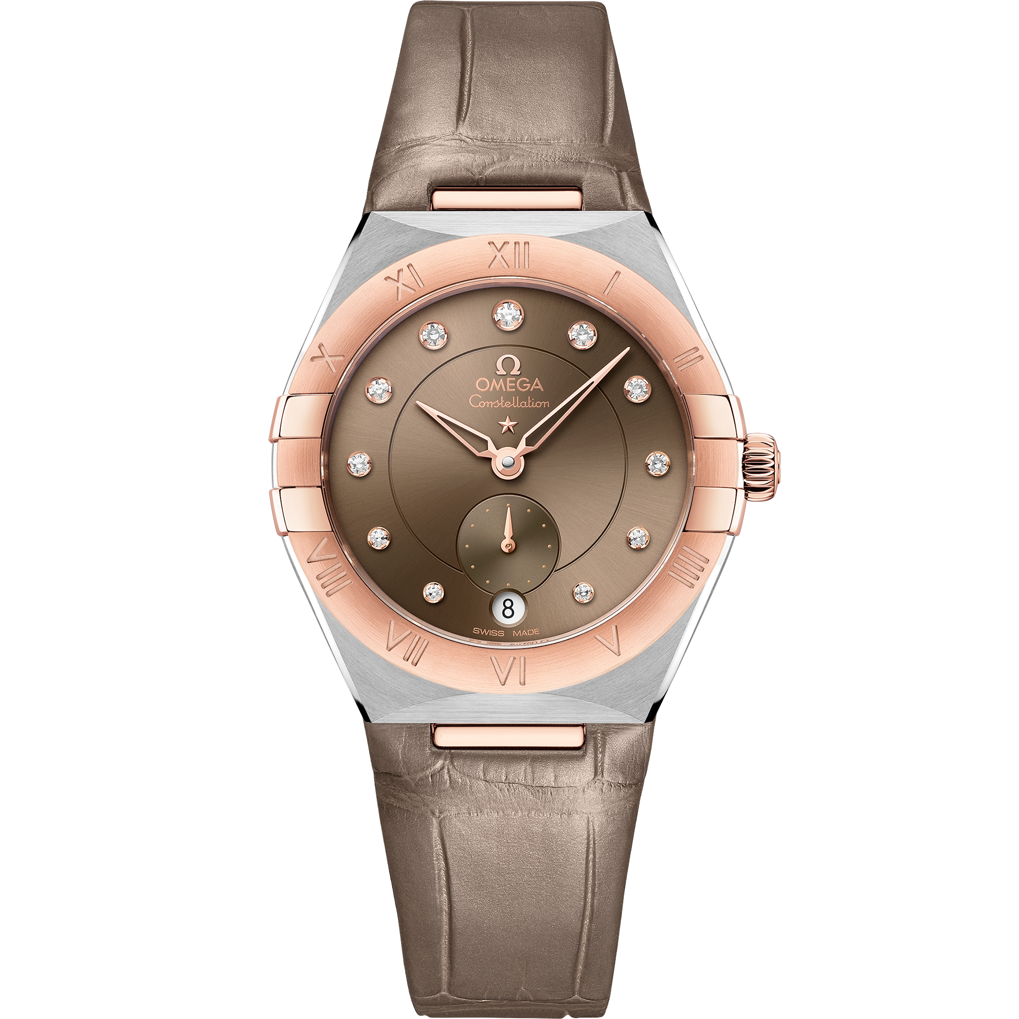 Omega CONSTELLATION 34 mm, steel ‑ Sedna™ gold on leather strap 131.23.34.20.63.001