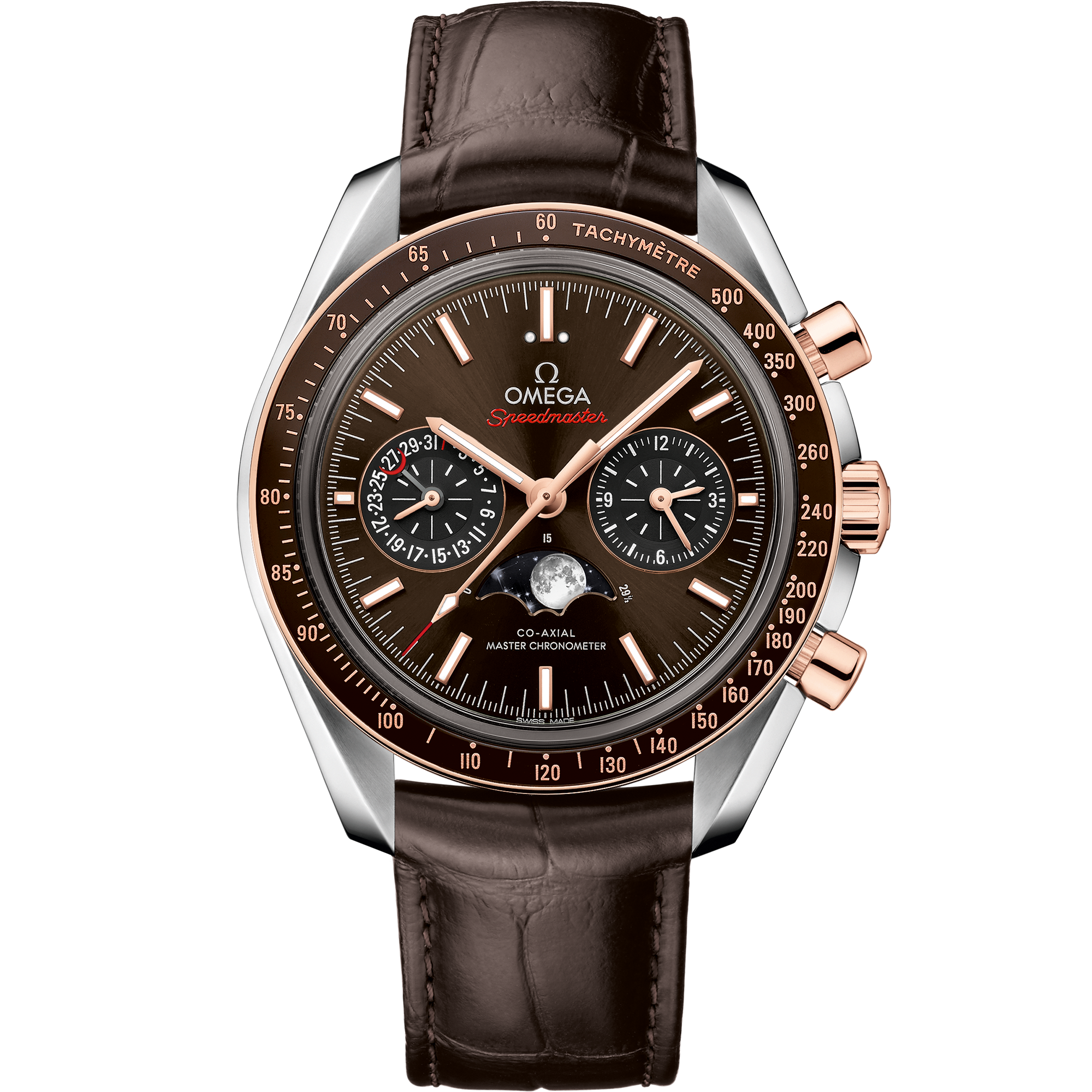 Omega SPEEDMASTER MOONPHASE 44.25 mm, steel ‑ Sedna™ gold on leather strap 304.23.44.52.13.001
