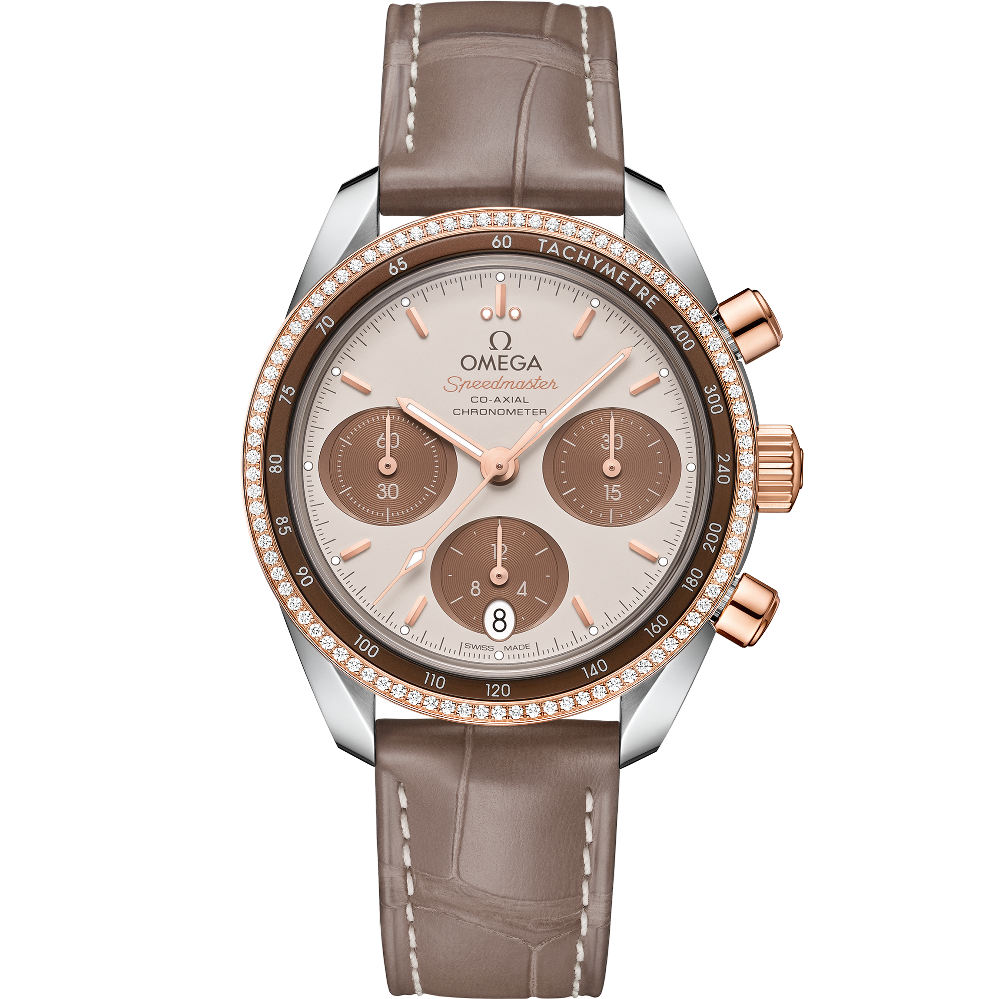 Omega SPEEDMASTER 38 38 mm, steel ‑ Sedna™ gold on leather strap 324.28.38.50.02.002