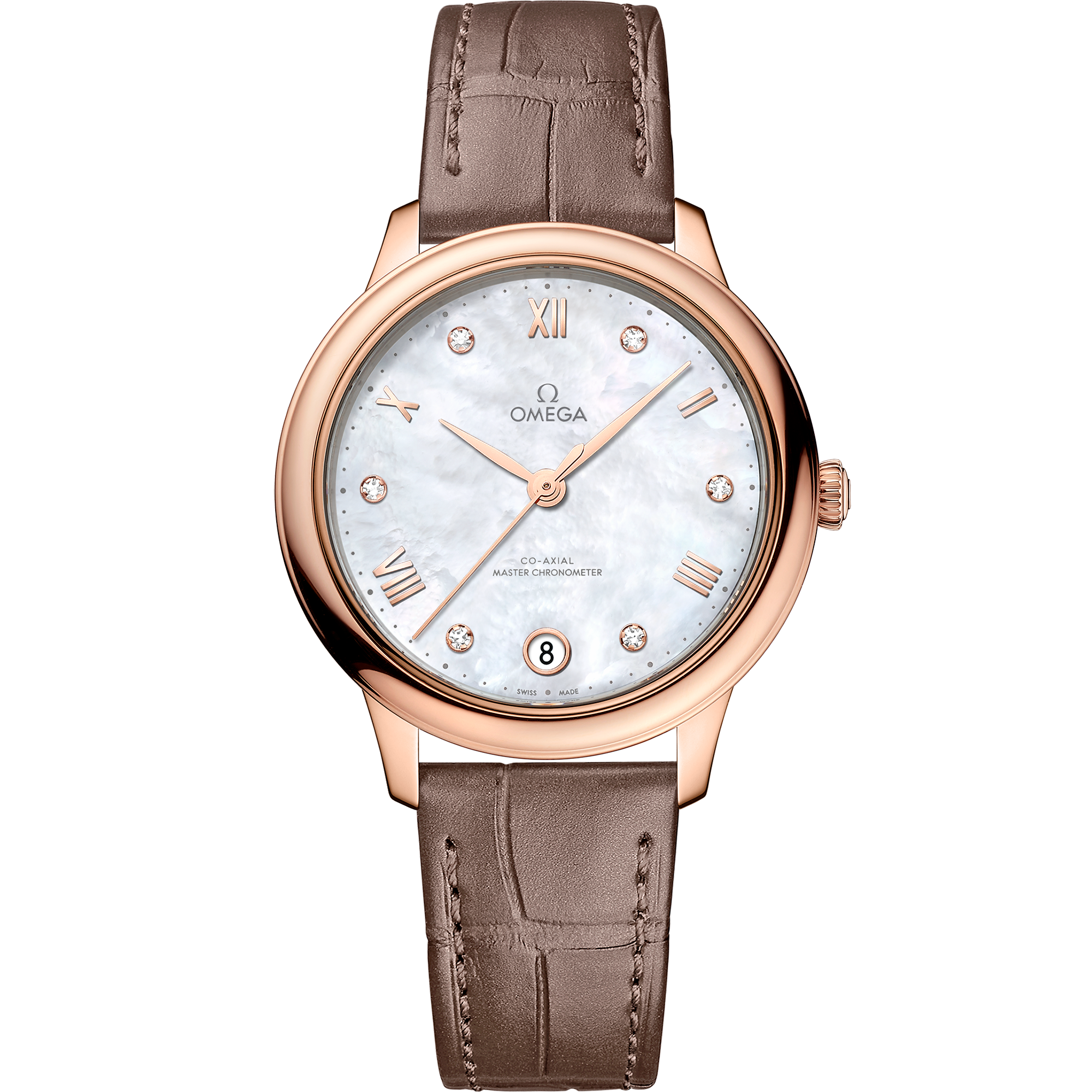 Omega DE VILLE PRESTIGE 34 mm, Sedna™ gold on leather strap 434.53.34.20.55.001