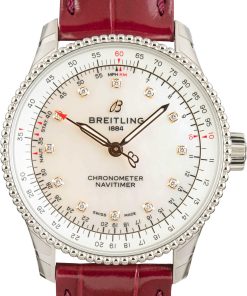 HandMade The Breitling Navitimer Automatic 35 Mother of Pearl Dial on Burgundy Strap