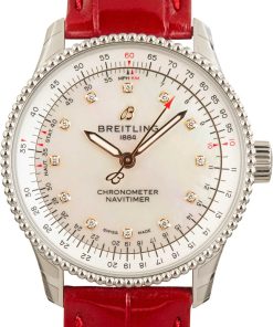 HandMade The Breitling Navitimer Automatic 35 Steel on Red Leather Strap