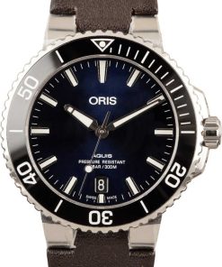 HandMade The Mens Oris Aquis Leather Strap Blue Dial