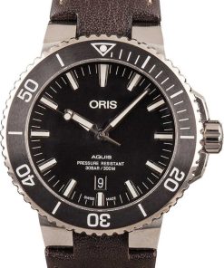 HandMade The Mens Oris Aquis Date Black Dial & Brown Leather Strap