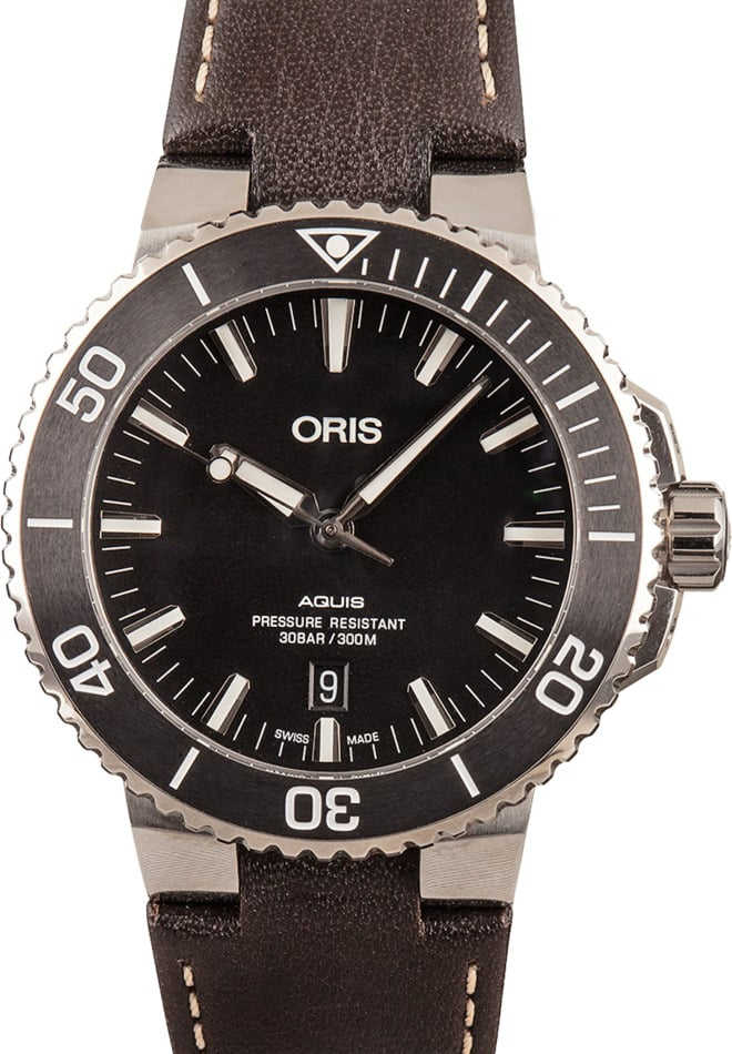 HandMade The Mens Oris Aquis Date Black Dial & Brown Leather Strap