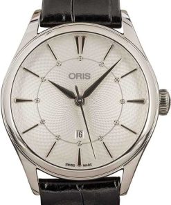 HandMade The Ladies Oris Artelier Date Diamonds Steel on Black Leather Strap