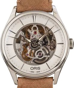 HandMade The Oris Artelier Skeleton Steel on Light Brown Leather Strap