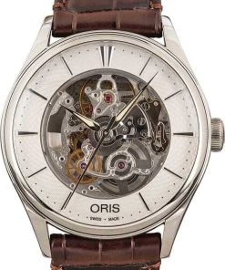 HandMade The Oris Artelier Skeleton Stainless Steel on Brown Leather Strap