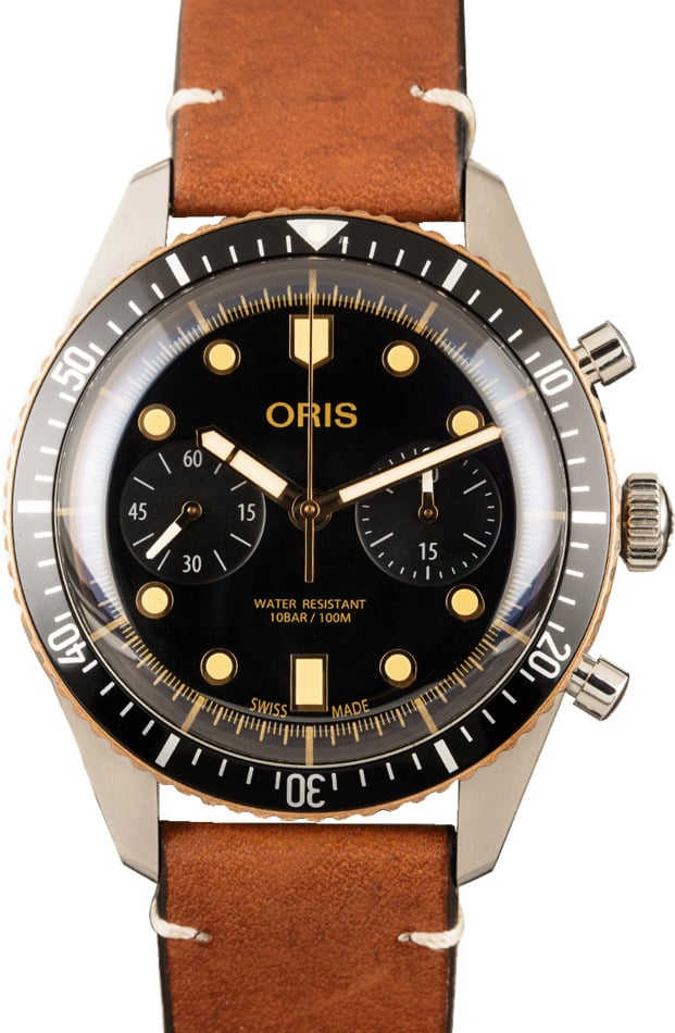 HandMade The Oris Divers Sixty-Five Chronograph Black Dial & Leather Strap