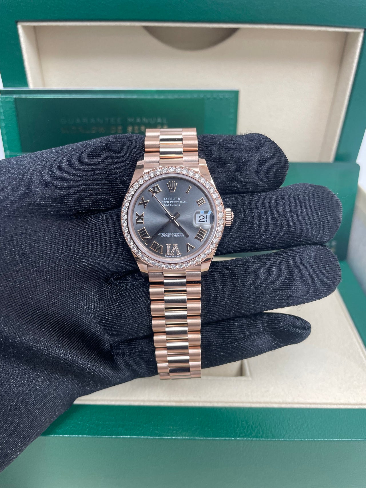 Rolex Everose Gold Datejust 31 Watch - Diamond Bezel - Rhodium Diamond Six Dial - President Bracelet (Reference # 278285RBR) - Image 5