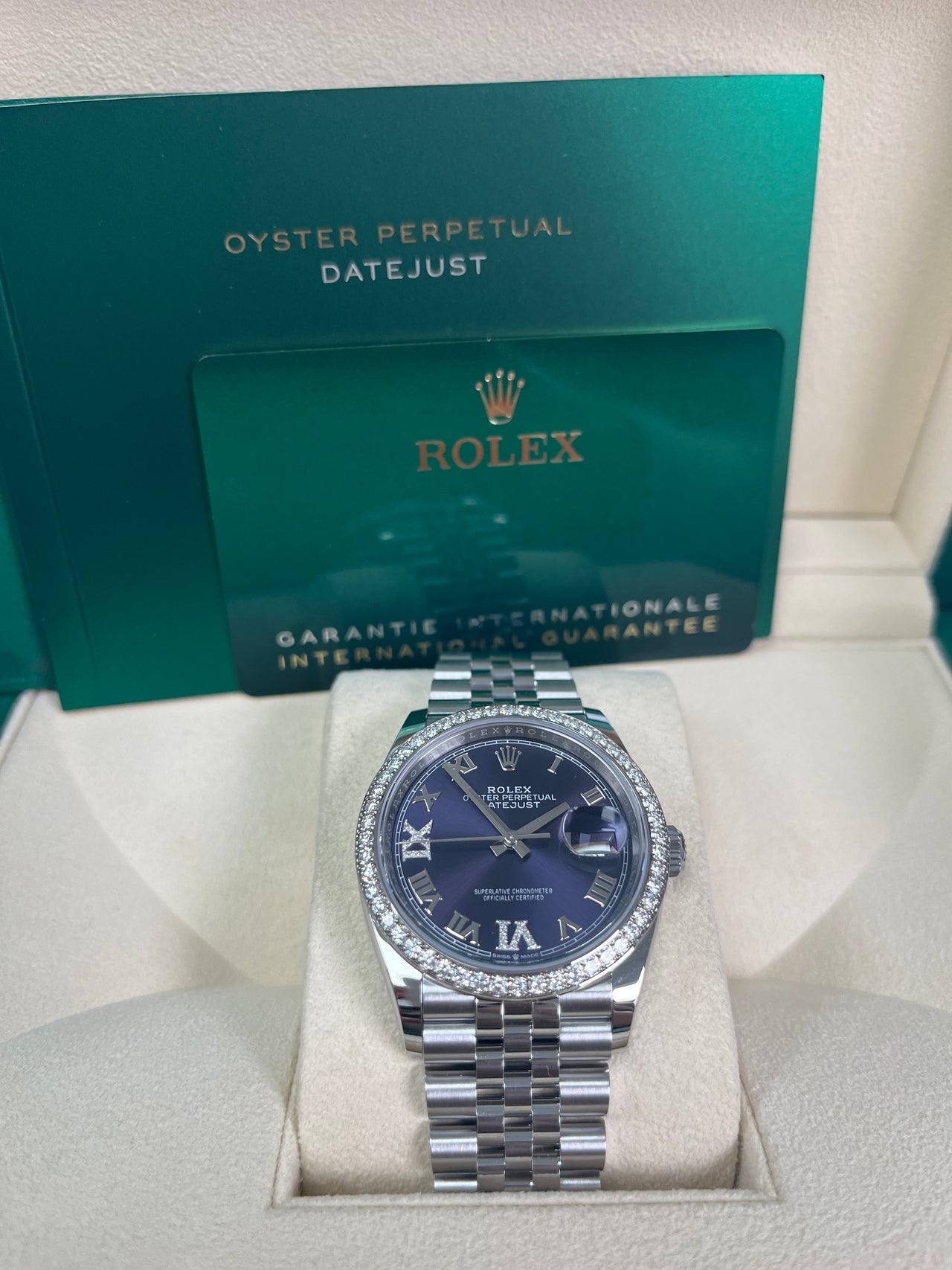 Rolex Steel Datejust 36 Watch - Diamond Bezel - Aubergine Purple Diamond Roman VI and IX Dial - Jubilee Bracelet (Reference #126284rbr) - Image 2