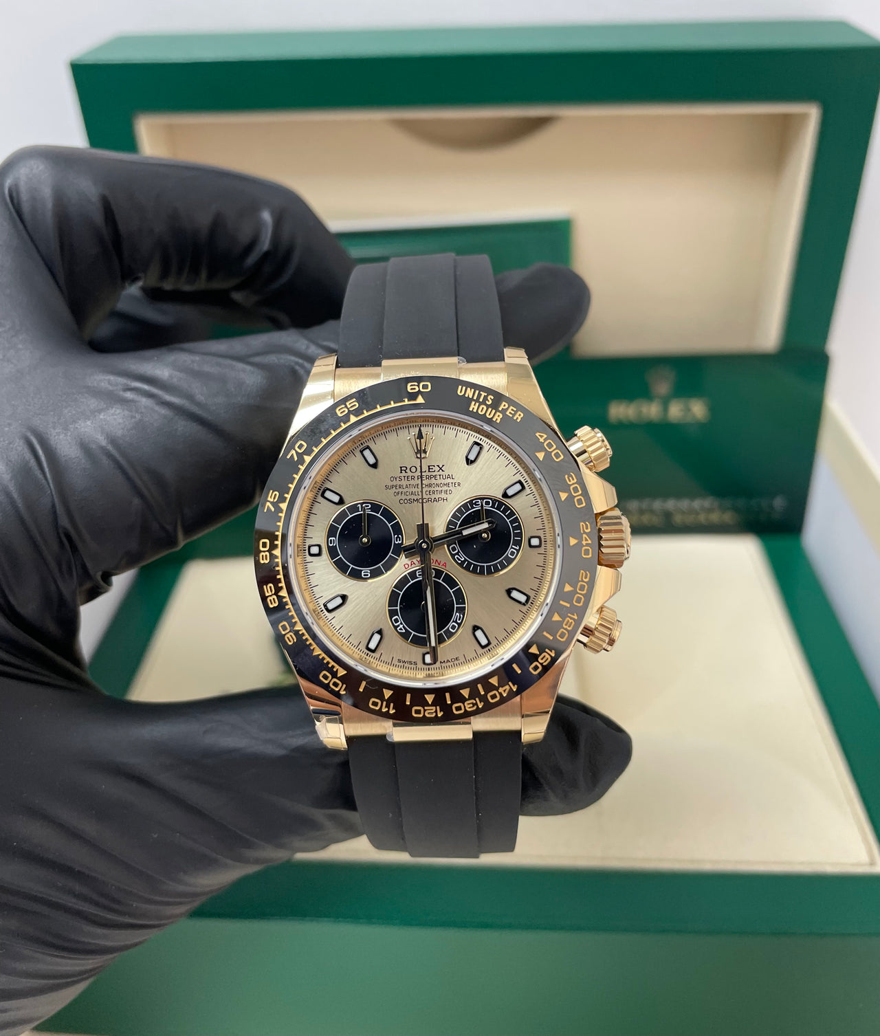 Rolex Daytona 40mm Champagne Dial with Black Subdials/ Black Oysterflex Strap (Reference # 116518LN) - Image 6