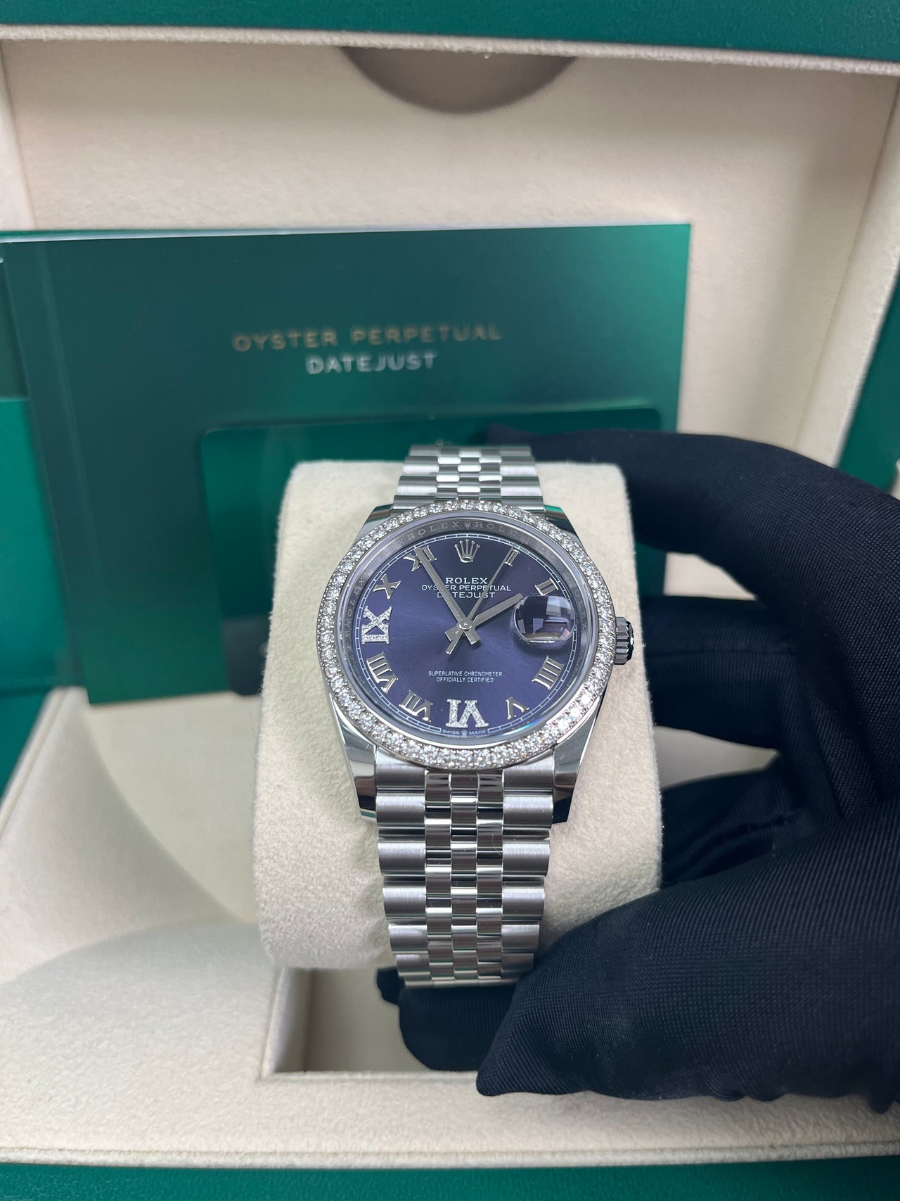 Rolex Steel Datejust 36 Watch - Diamond Bezel - Aubergine Purple Diamond Roman VI and IX Dial - Jubilee Bracelet (Reference #126284rbr) - Image 7
