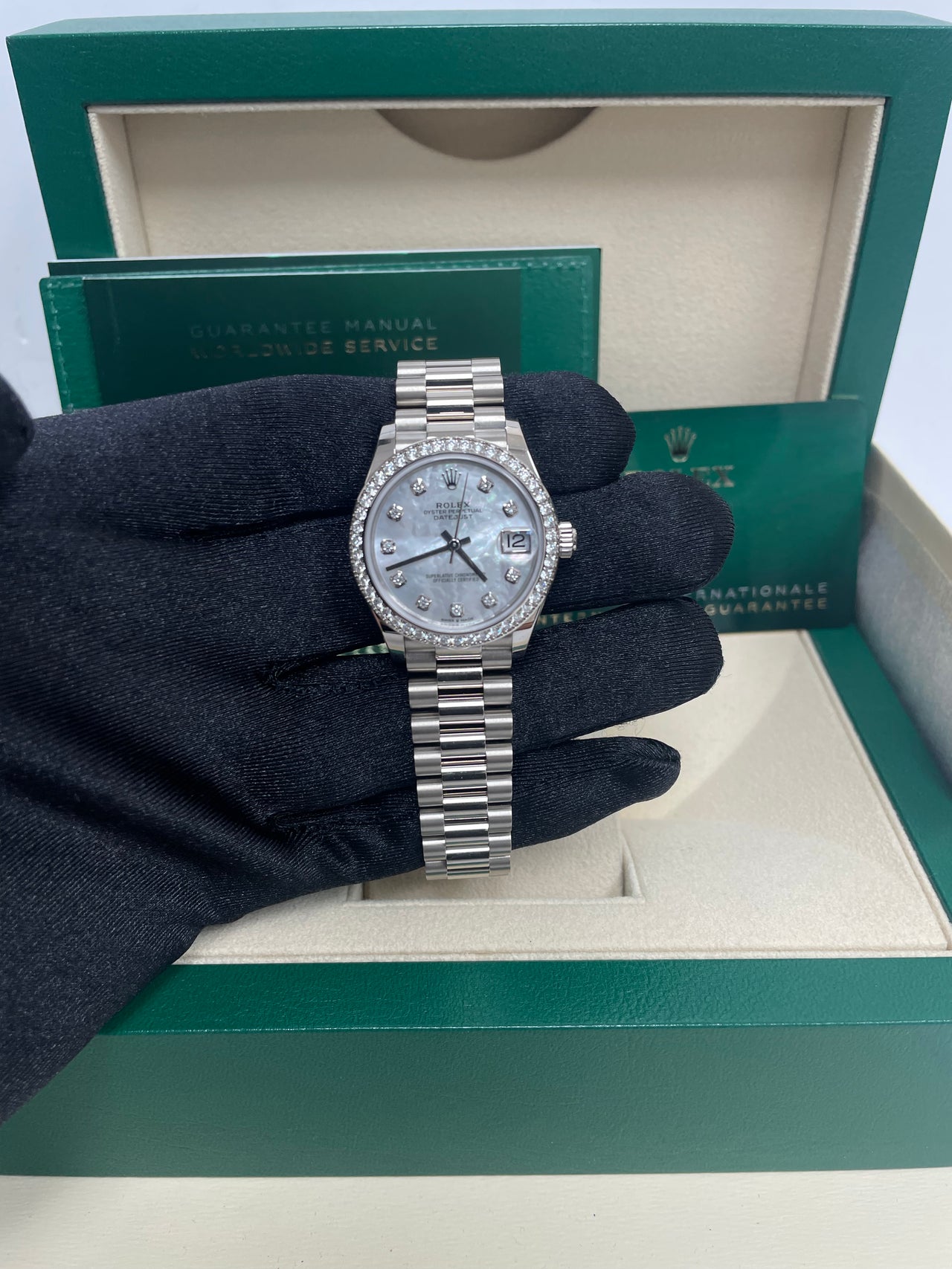 Rolex White Gold Datejust 31 Watch - Diamond Bezel - Mother-Of-Pearl Diamond Dial - President Bracelet (Reference #278289rbr) - Image 10