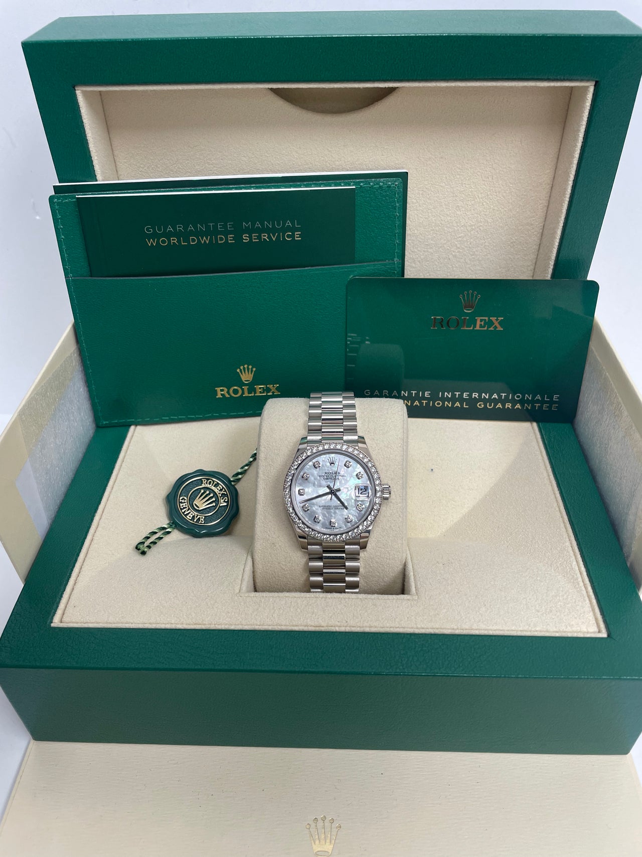 Rolex White Gold Datejust 31 Watch - Diamond Bezel - Mother-Of-Pearl Diamond Dial - President Bracelet (Reference #278289rbr) - Image 2