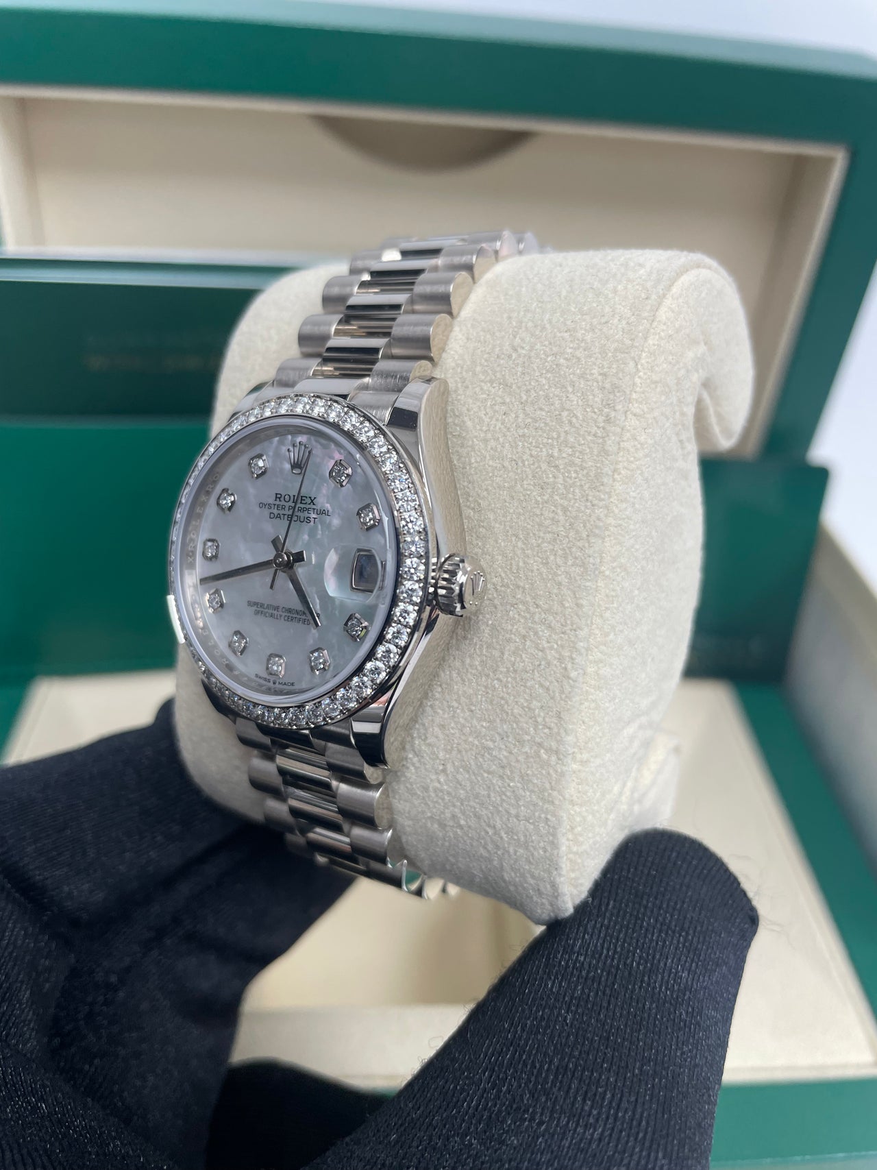Rolex White Gold Datejust 31 Watch - Diamond Bezel - Mother-Of-Pearl Diamond Dial - President Bracelet (Reference #278289rbr) - Image 6