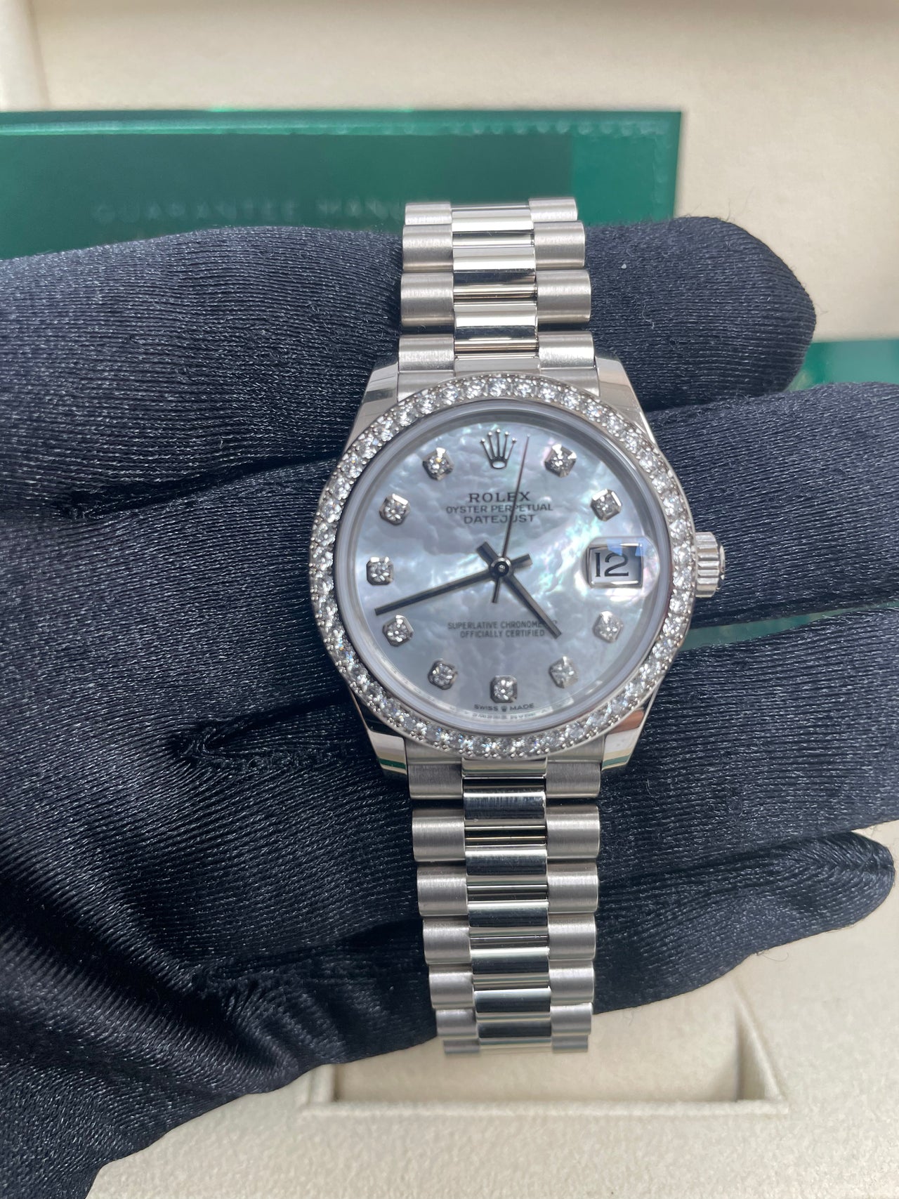 Rolex White Gold Datejust 31 Watch - Diamond Bezel - Mother-Of-Pearl Diamond Dial - President Bracelet (Reference #278289rbr) - Image 4