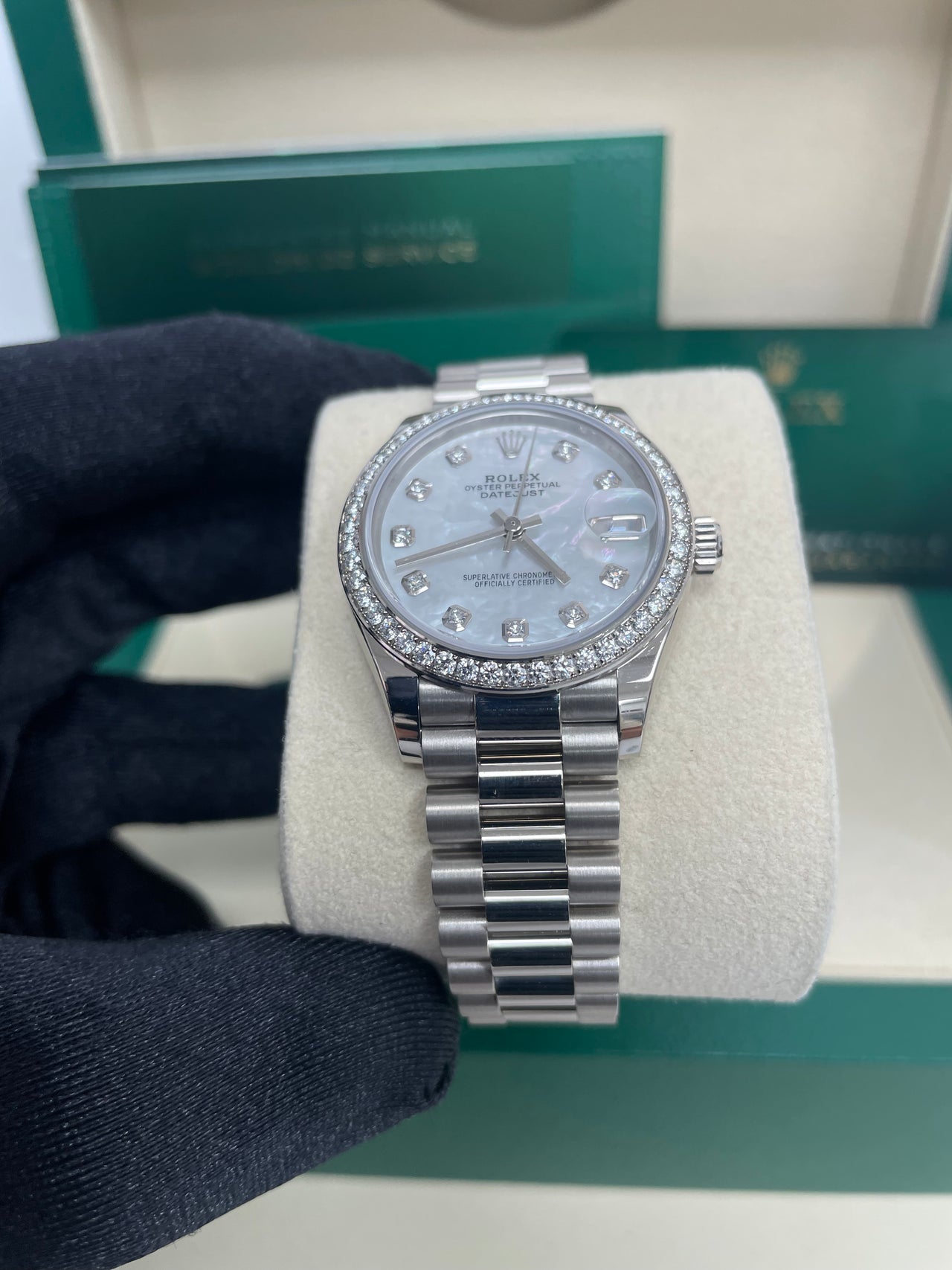 Rolex White Gold Datejust 31 Watch - Diamond Bezel - Mother-Of-Pearl Diamond Dial - President Bracelet (Reference #278289rbr) - Image 5