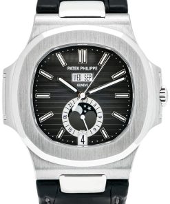 Patek Philippe Nautilus Stainless Steel Moon Phase Black Leather Strap (Ref#5726A-001)