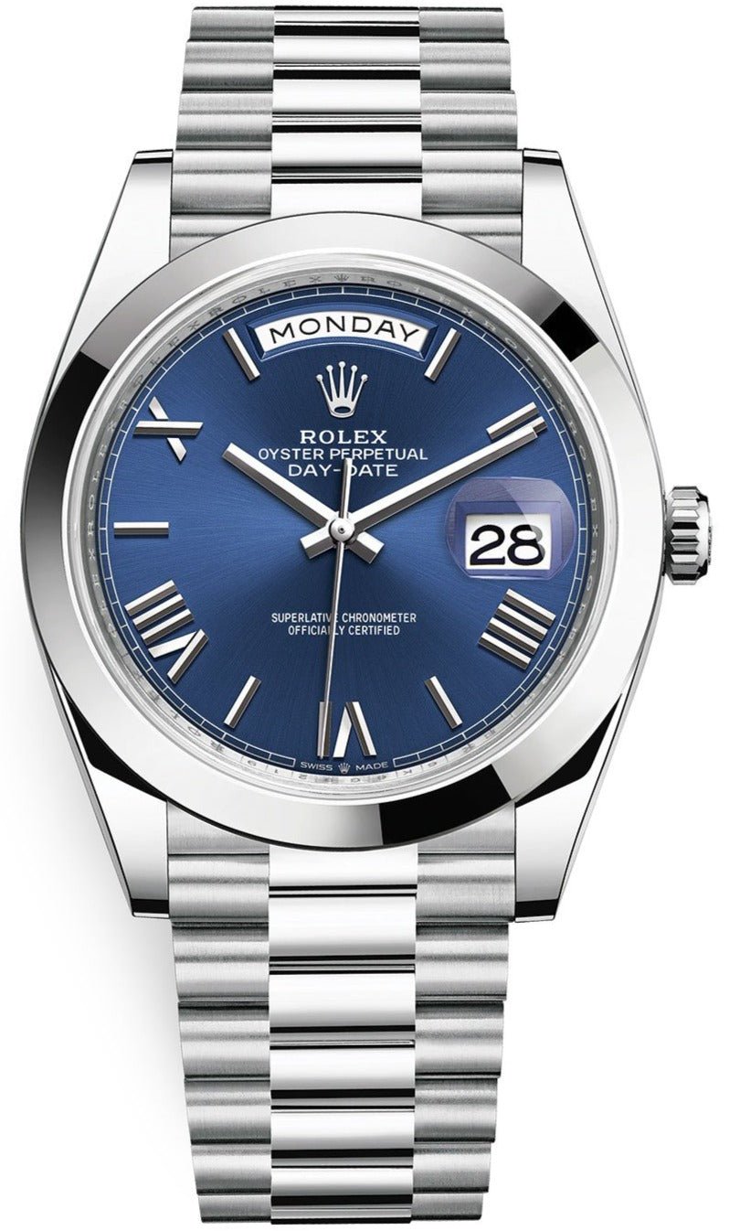 Rolex Day-Date 40 950 PlatinumWatch - Smooth Bezel - Blue Bevelled Roman Dial - President Bracelet (Ref # 228206)