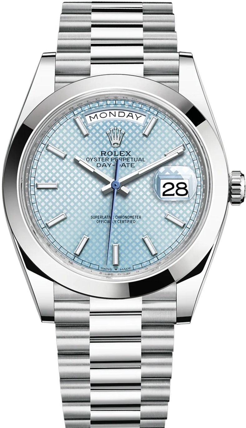 Rolex Day-Date 40 950 PlatinumWatch - Smooth Bezel - Ice Blue Diagonal Motif Index Dial - President Bracelet (Ref # 228206)