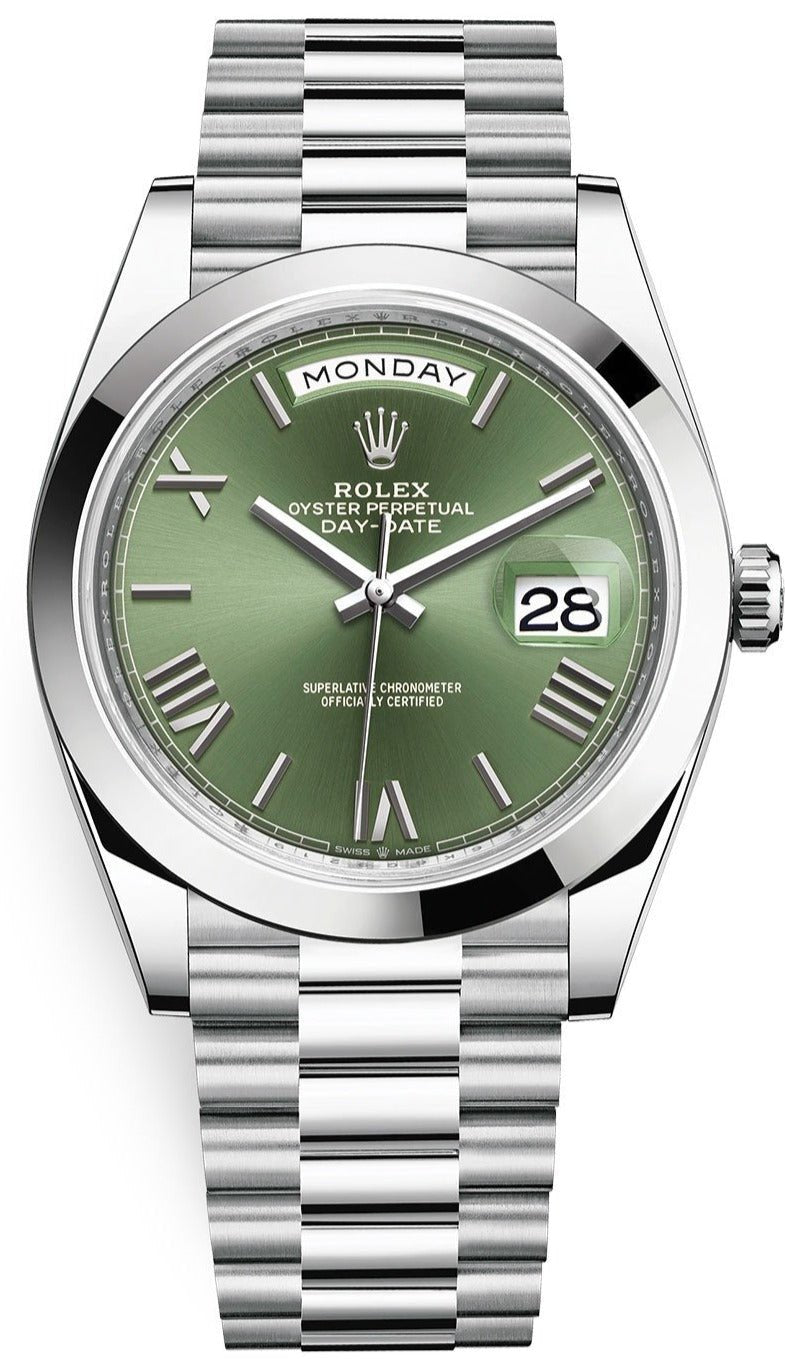 Rolex Day-Date 40 950 PlatinumWatch - Smooth Bezel - Olive Green Bevelled Roman Dial - President Bracelet (Ref # 228206)