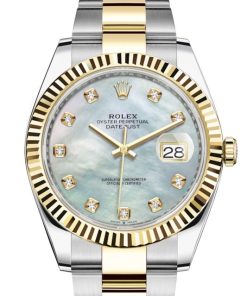 Rolex Datejust 41 Yellow Gold & Steel Fluted Bezel White Mother Of Pearl Diamond Dial Oyster (Ref # 126333)