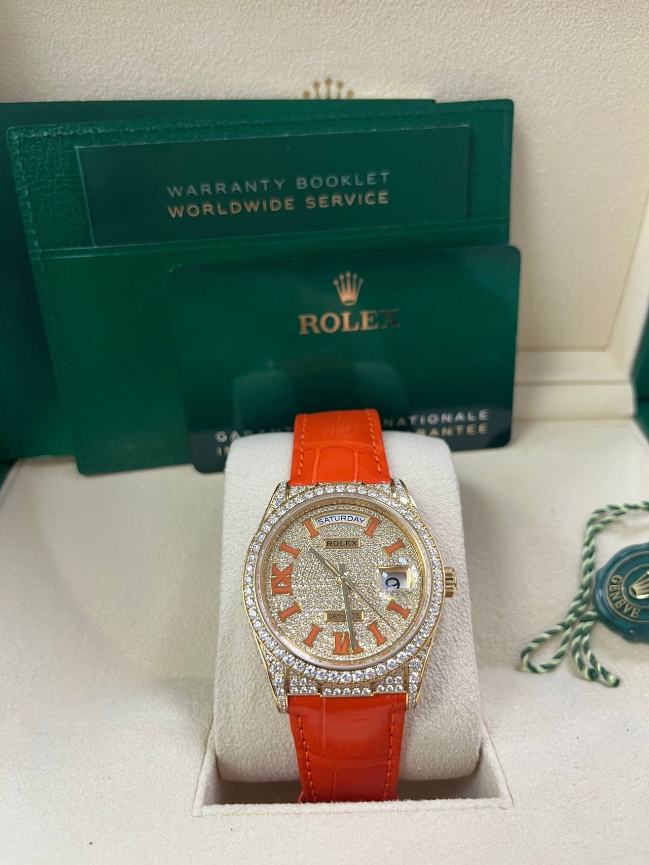 Rolex Day-Date 36 Orange Alligator Strap Pave Dial 128158rbr - Image 2