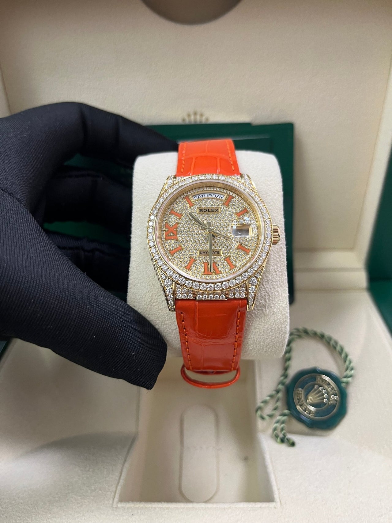 Rolex Day-Date 36 Orange Alligator Strap Pave Dial 128158rbr - Image 11