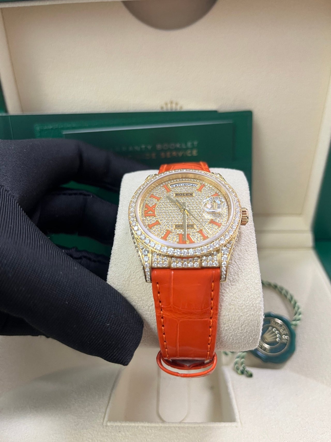 Rolex Day-Date 36 Orange Alligator Strap Pave Dial 128158rbr - Image 10