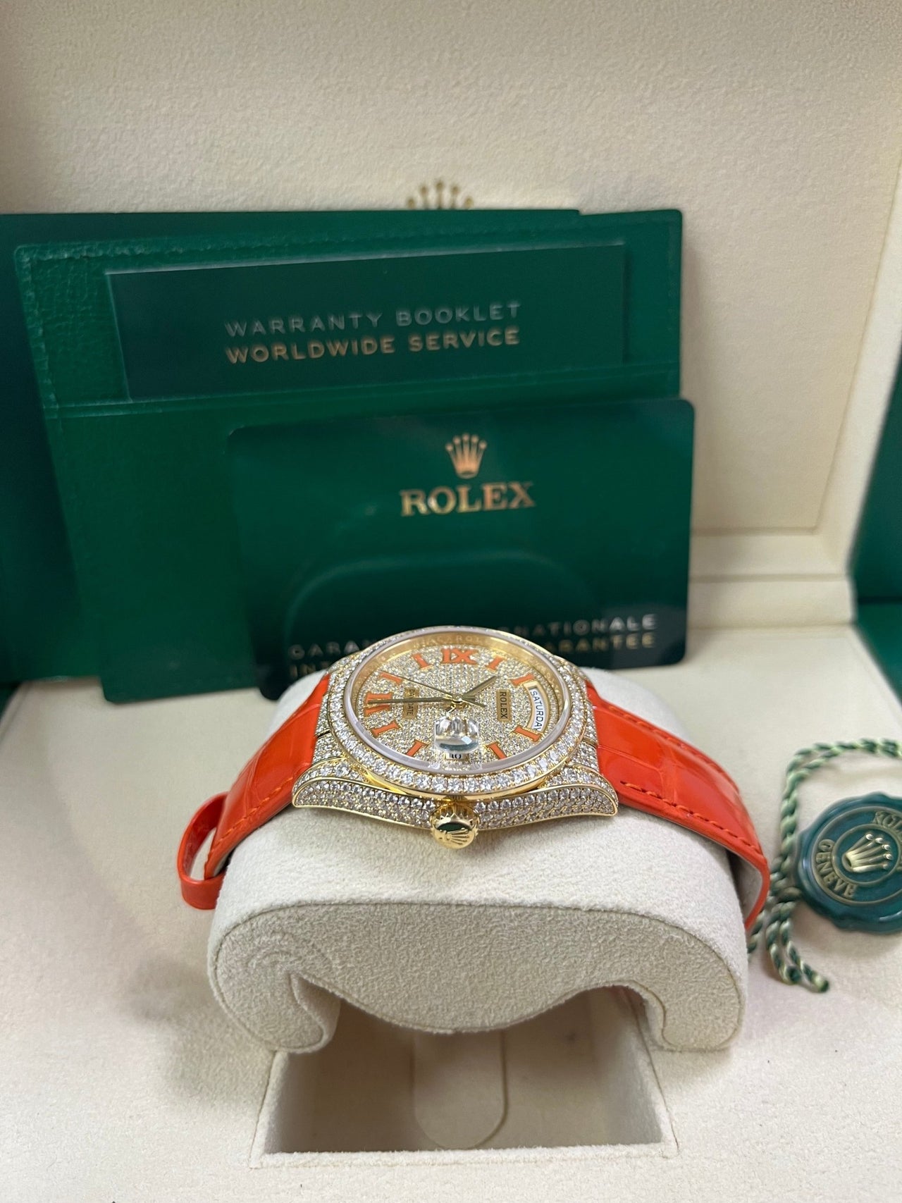 Rolex Day-Date 36 Orange Alligator Strap Pave Dial 128158rbr - Image 6