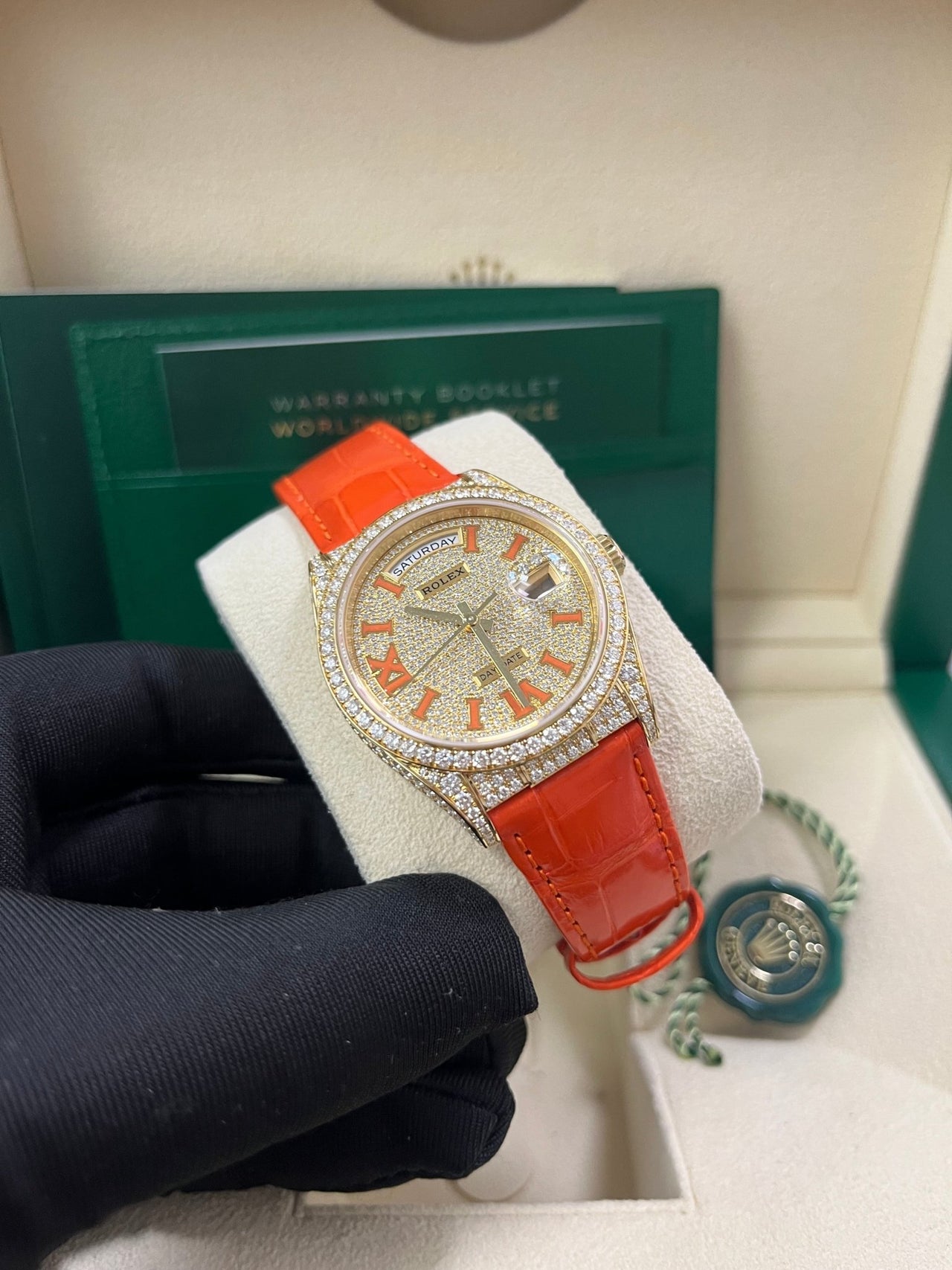Rolex Day-Date 36 Orange Alligator Strap Pave Dial 128158rbr - Image 14