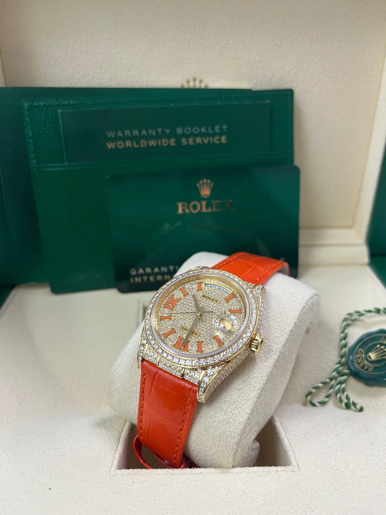 Rolex Day-Date 36 Orange Alligator Strap Pave Dial 128158rbr - Image 5