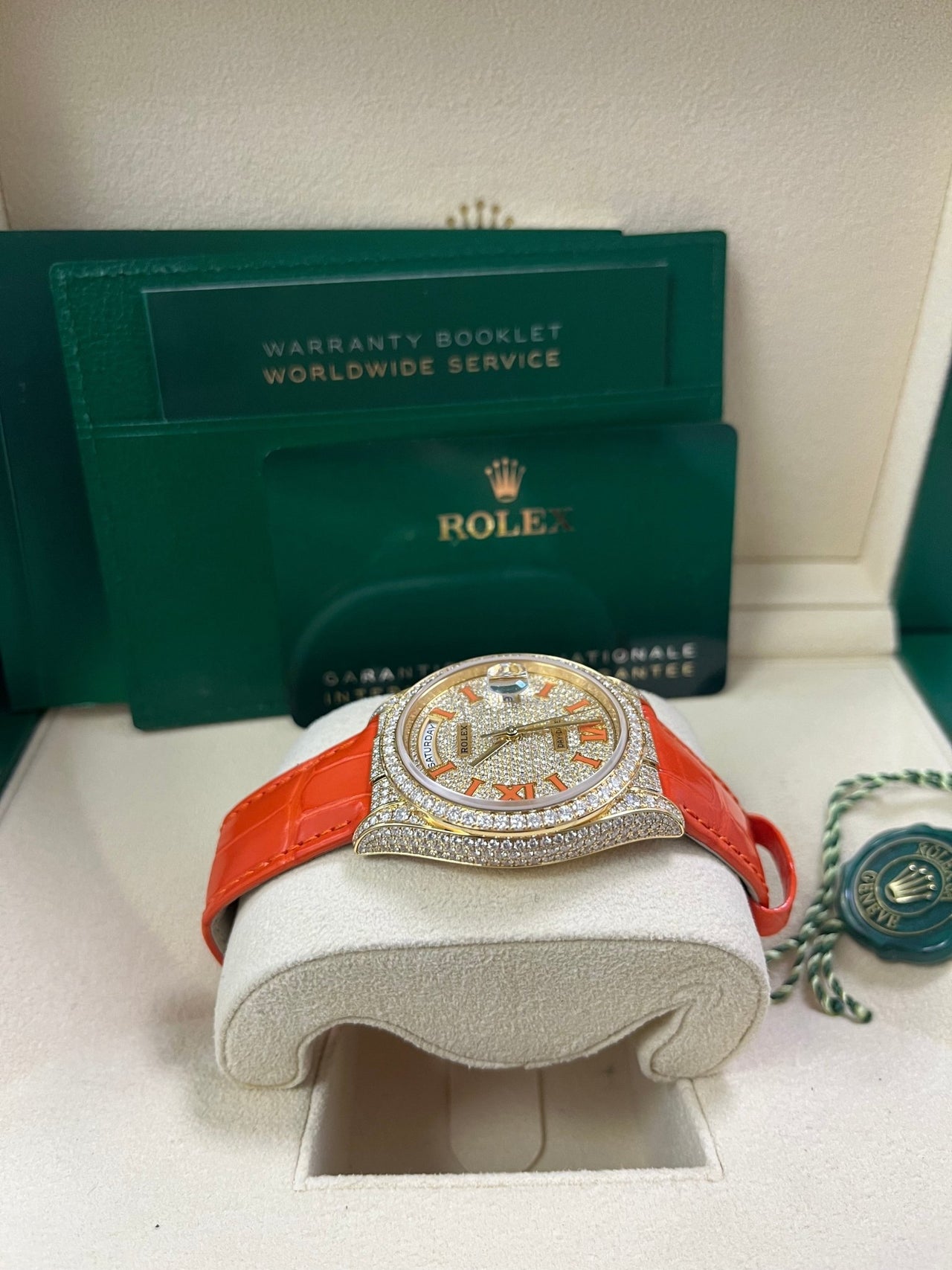Rolex Day-Date 36 Orange Alligator Strap Pave Dial 128158rbr - Image 3