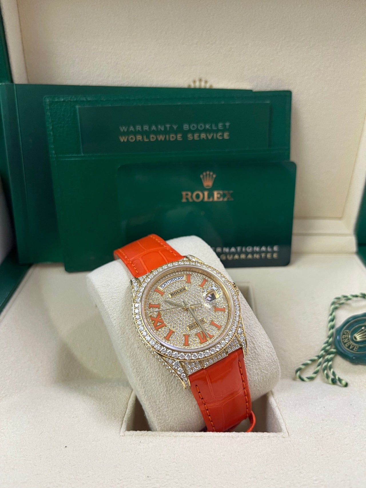 Rolex Day-Date 36 Orange Alligator Strap Pave Dial 128158rbr - Image 4