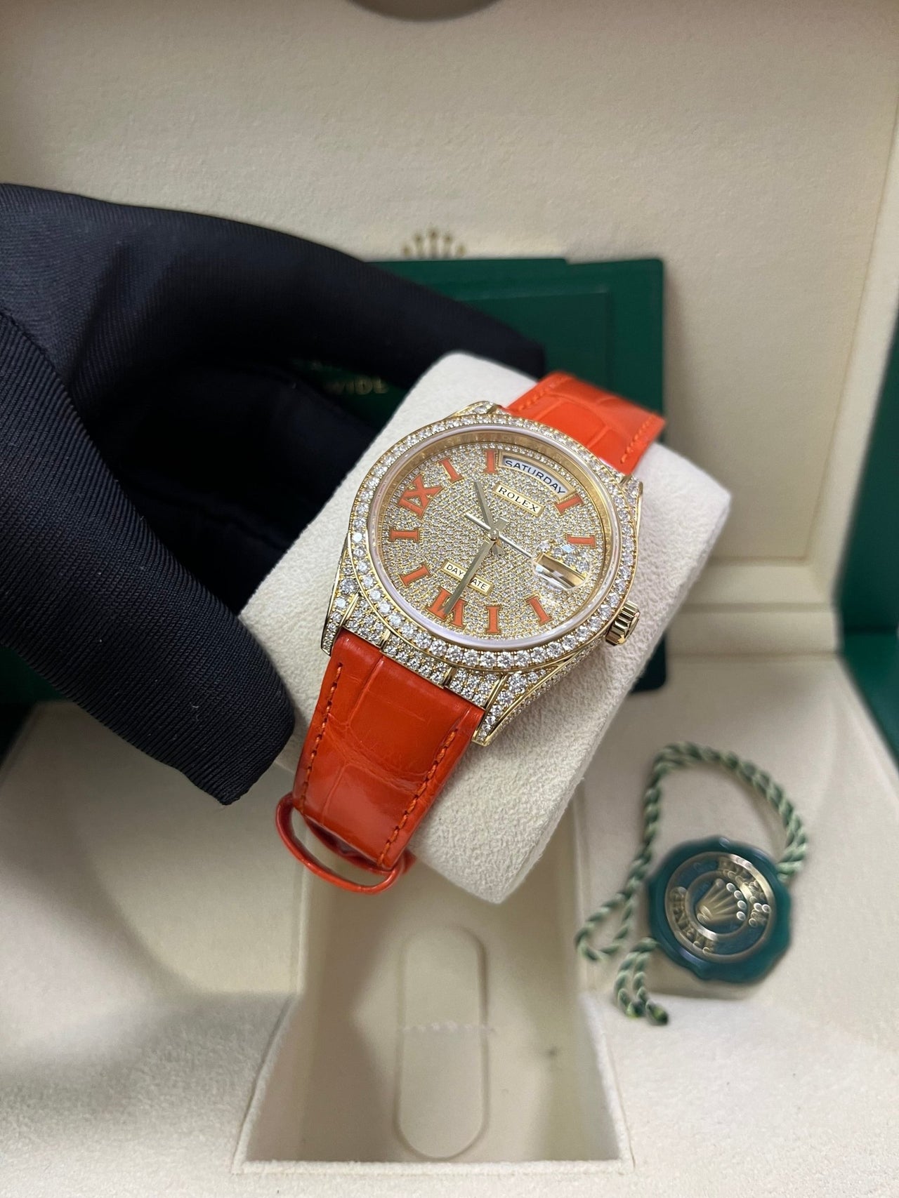 Rolex Day-Date 36 Orange Alligator Strap Pave Dial 128158rbr - Image 12