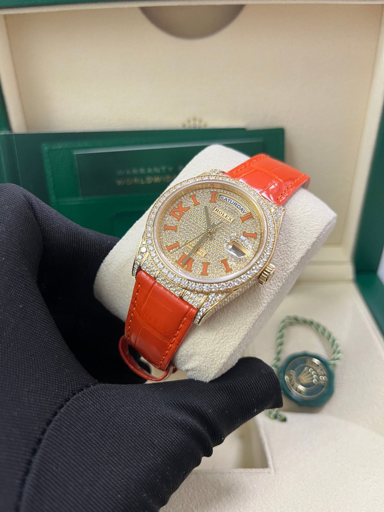 Rolex Day-Date 36 Orange Alligator Strap Pave Dial 128158rbr - Image 13