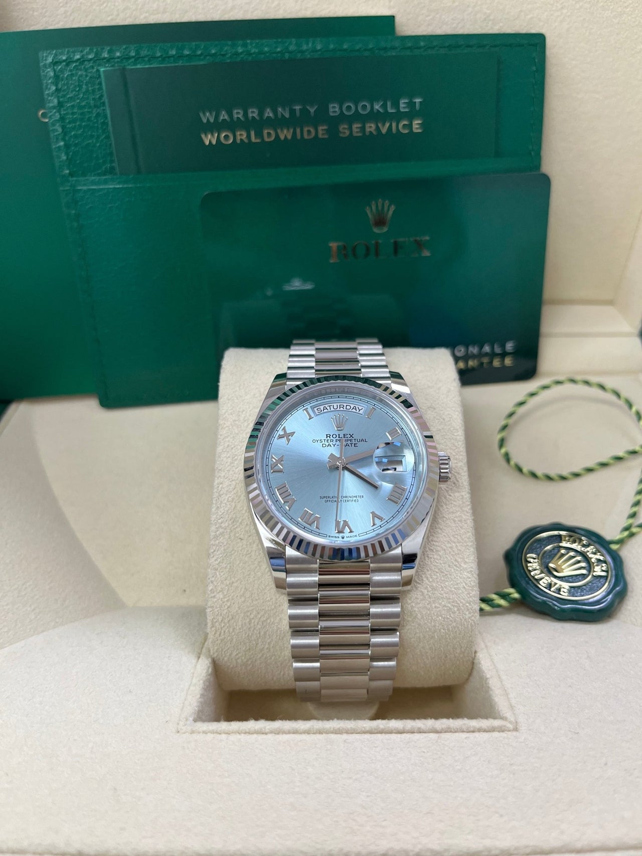 Rolex Day-Date 36 Platinum Ice Blue Roman Dial President Bracelet 128236 - Image 12