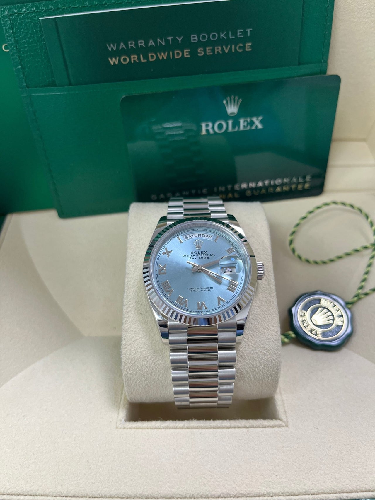Rolex Day-Date 36 Platinum Ice Blue Roman Dial President Bracelet 128236 - Image 11