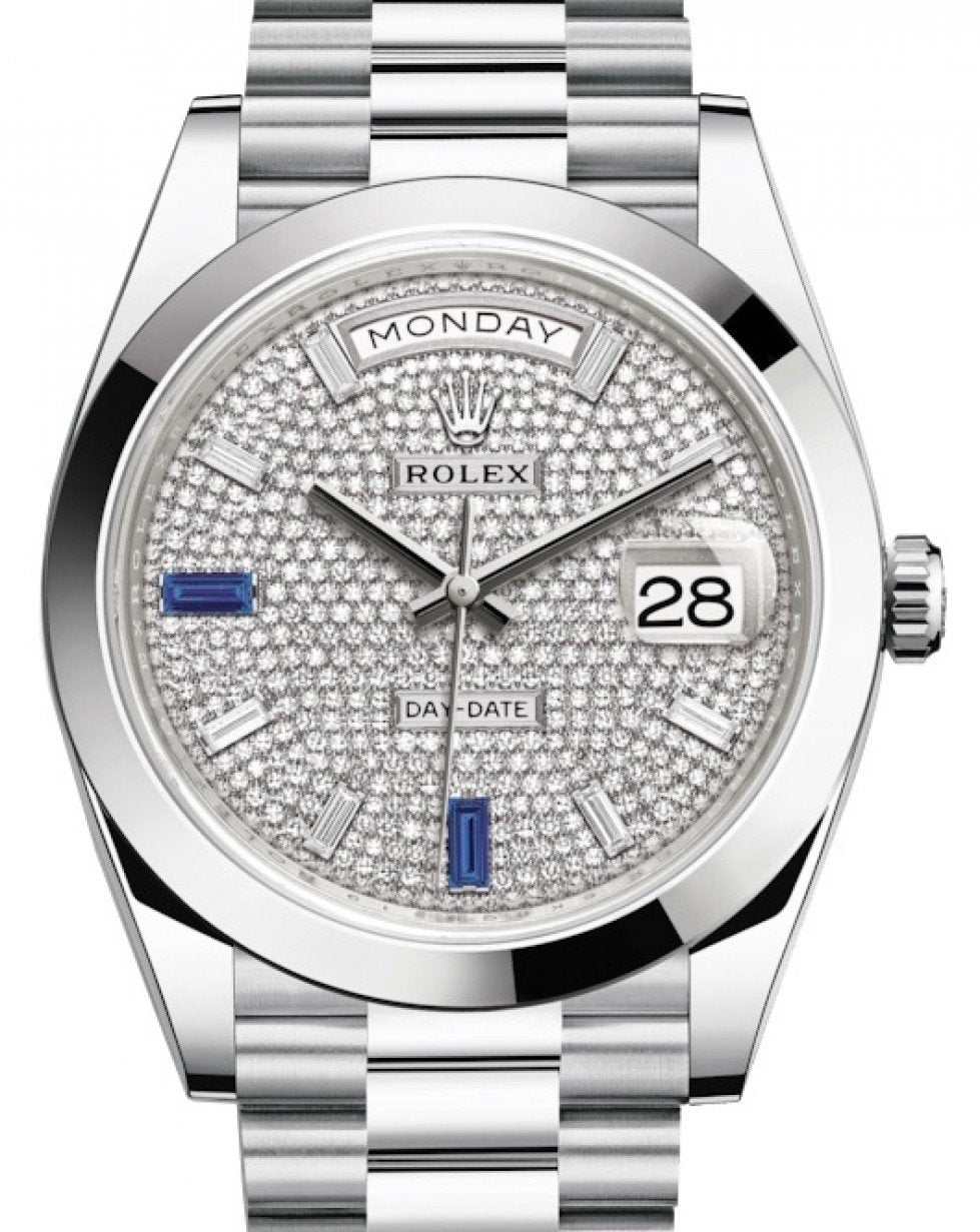 Rolex Day-Date 40mm Paved Diamond Sapphires Dial - Smooth Dome Bezel - Platinum President Automatic (Ref# 228206) - Image 2