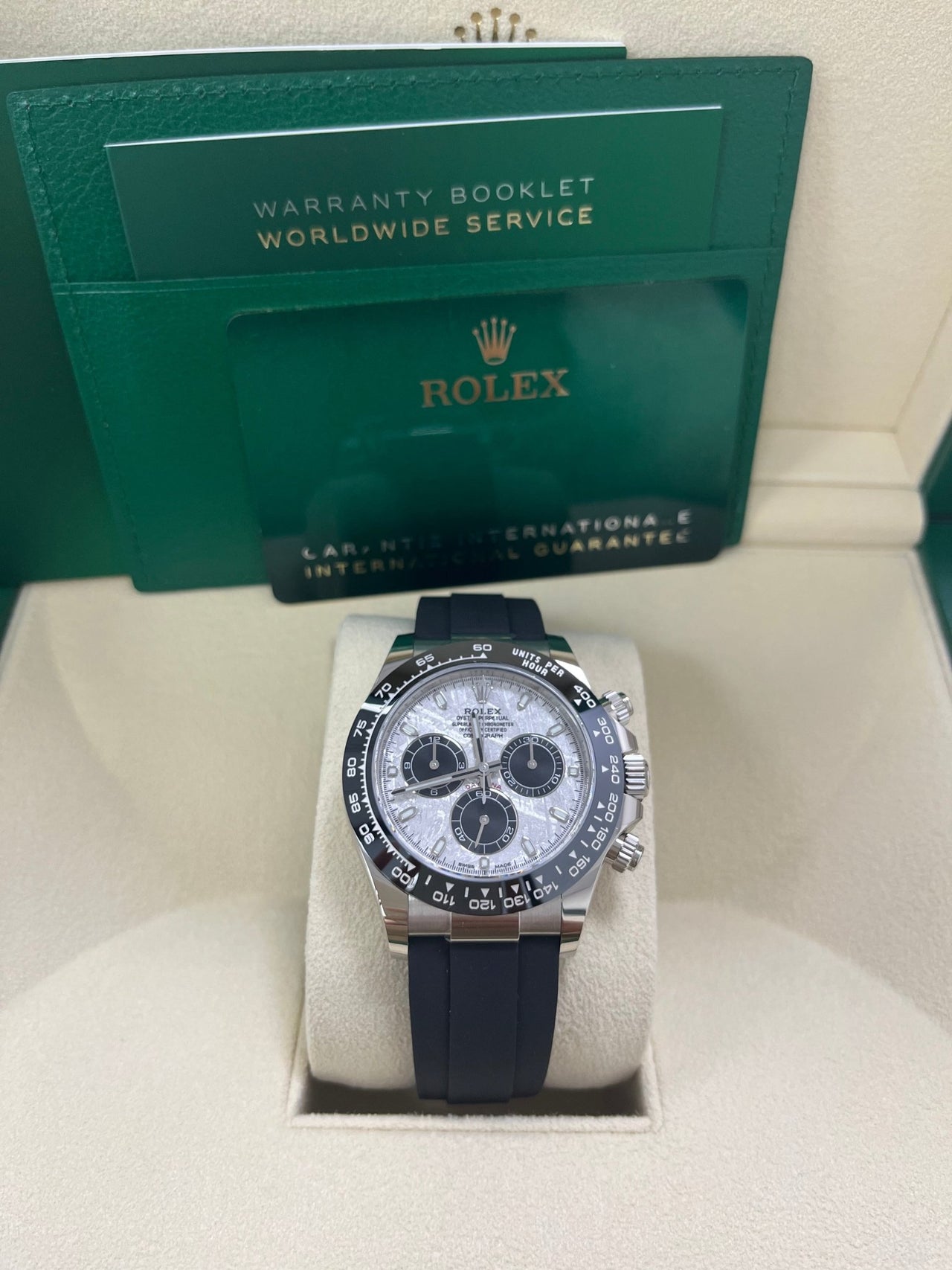 Rolex Daytona White Gold Daytona 40 Watch - Meteroite and Black Index Dial - Black Oysterflex 116519LN - Image 2