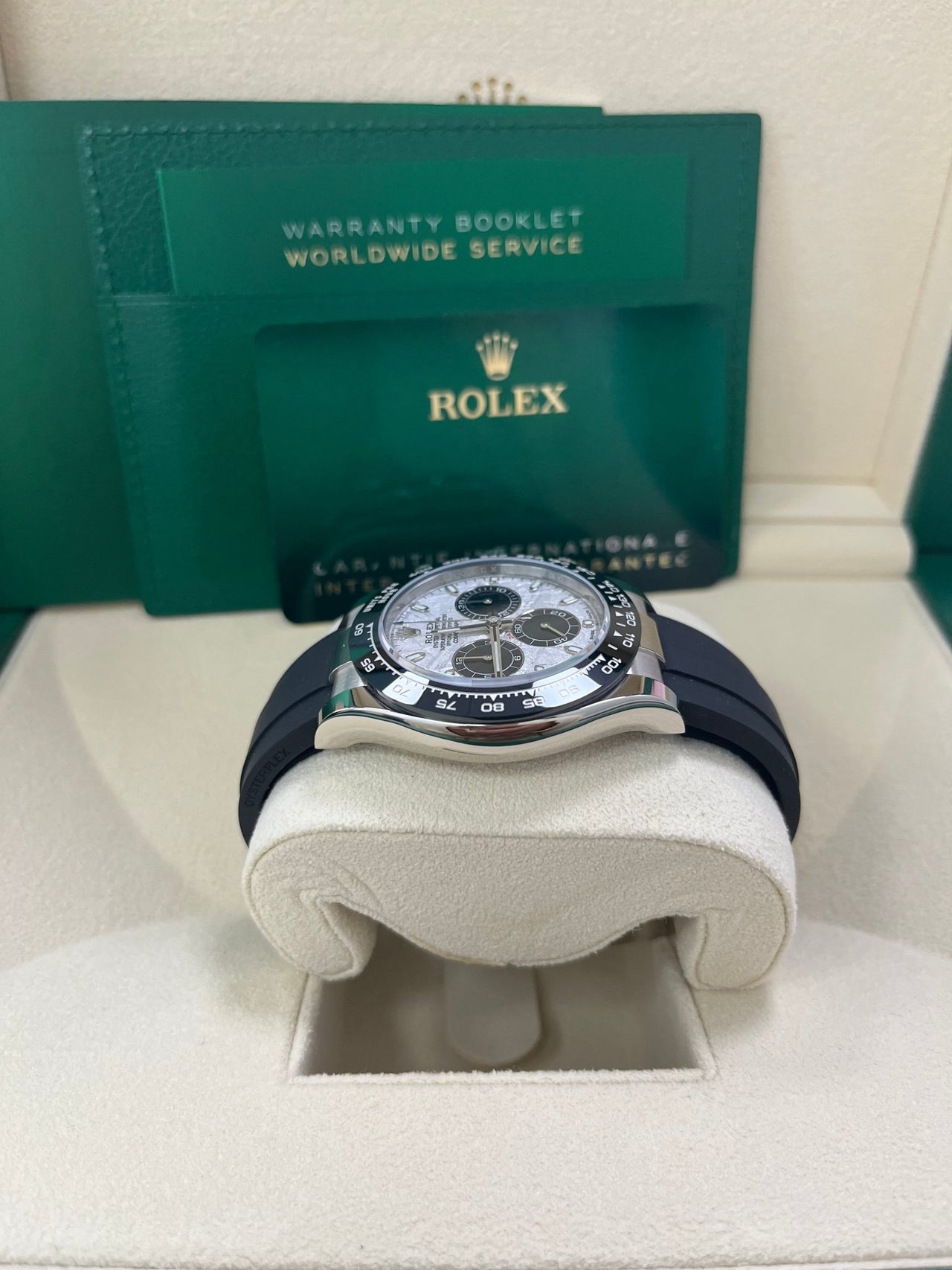 Rolex Daytona White Gold Daytona 40 Watch - Meteroite and Black Index Dial - Black Oysterflex 116519LN - Image 3