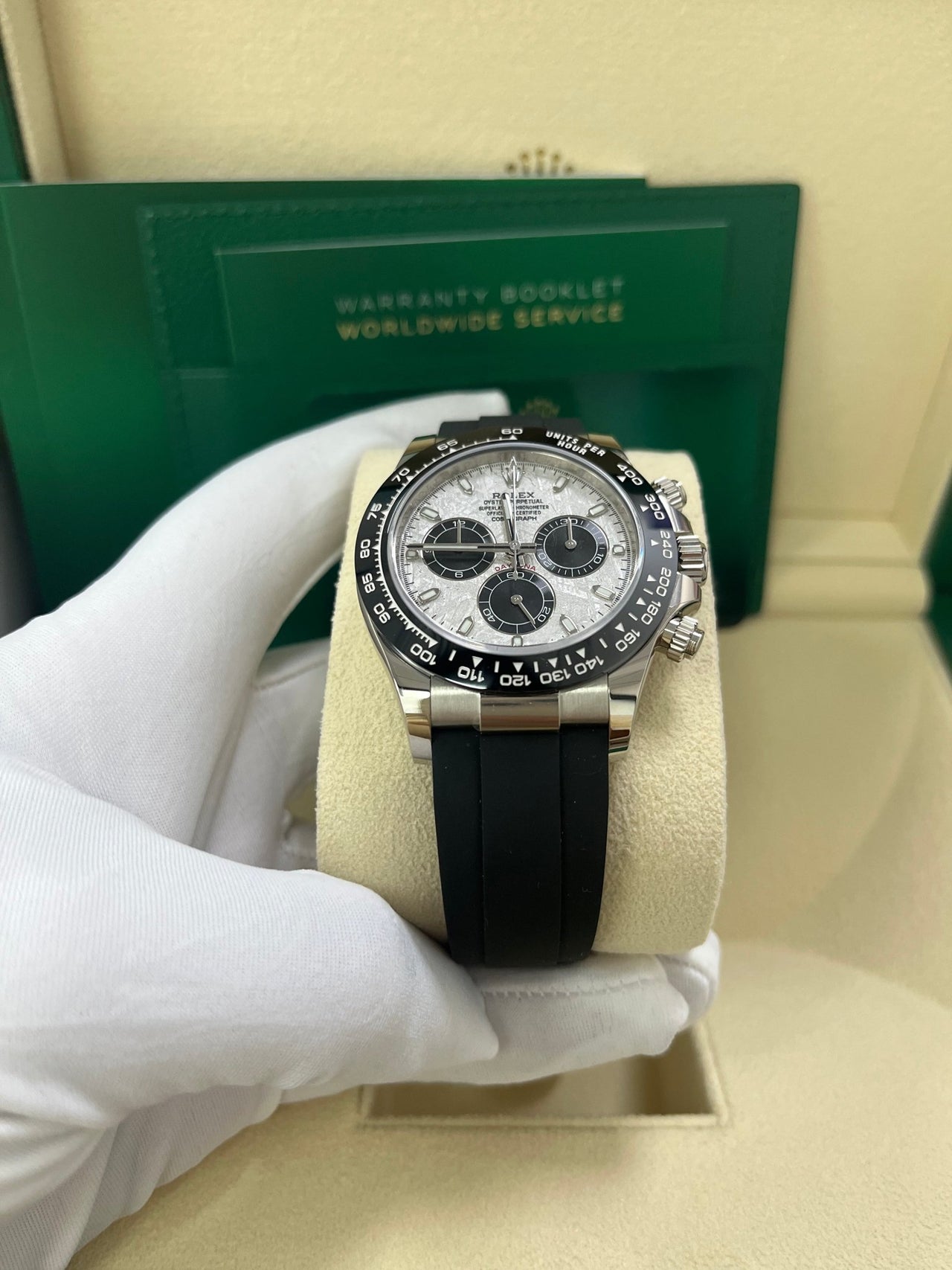 Rolex Daytona White Gold Daytona 40 Watch - Meteroite and Black Index Dial - Black Oysterflex 116519LN - Image 10