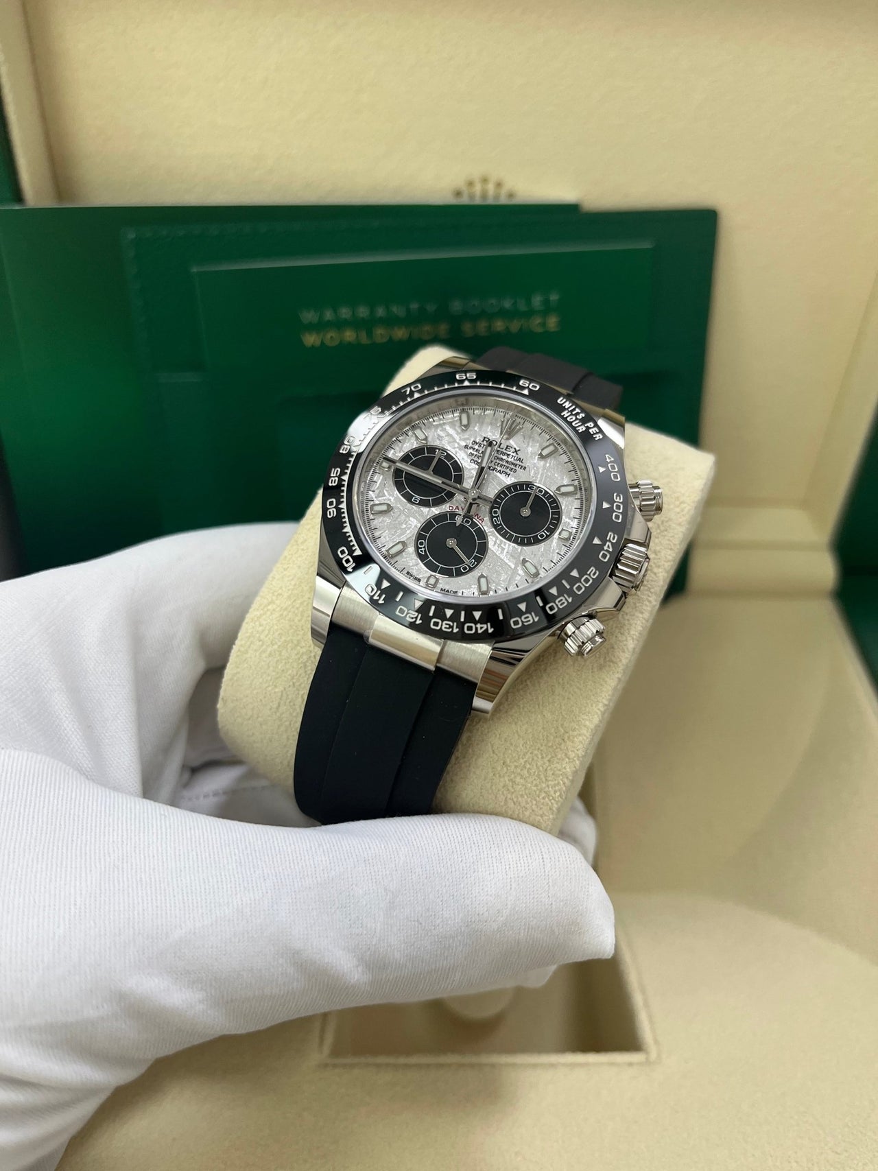 Rolex Daytona White Gold Daytona 40 Watch - Meteroite and Black Index Dial - Black Oysterflex 116519LN - Image 6