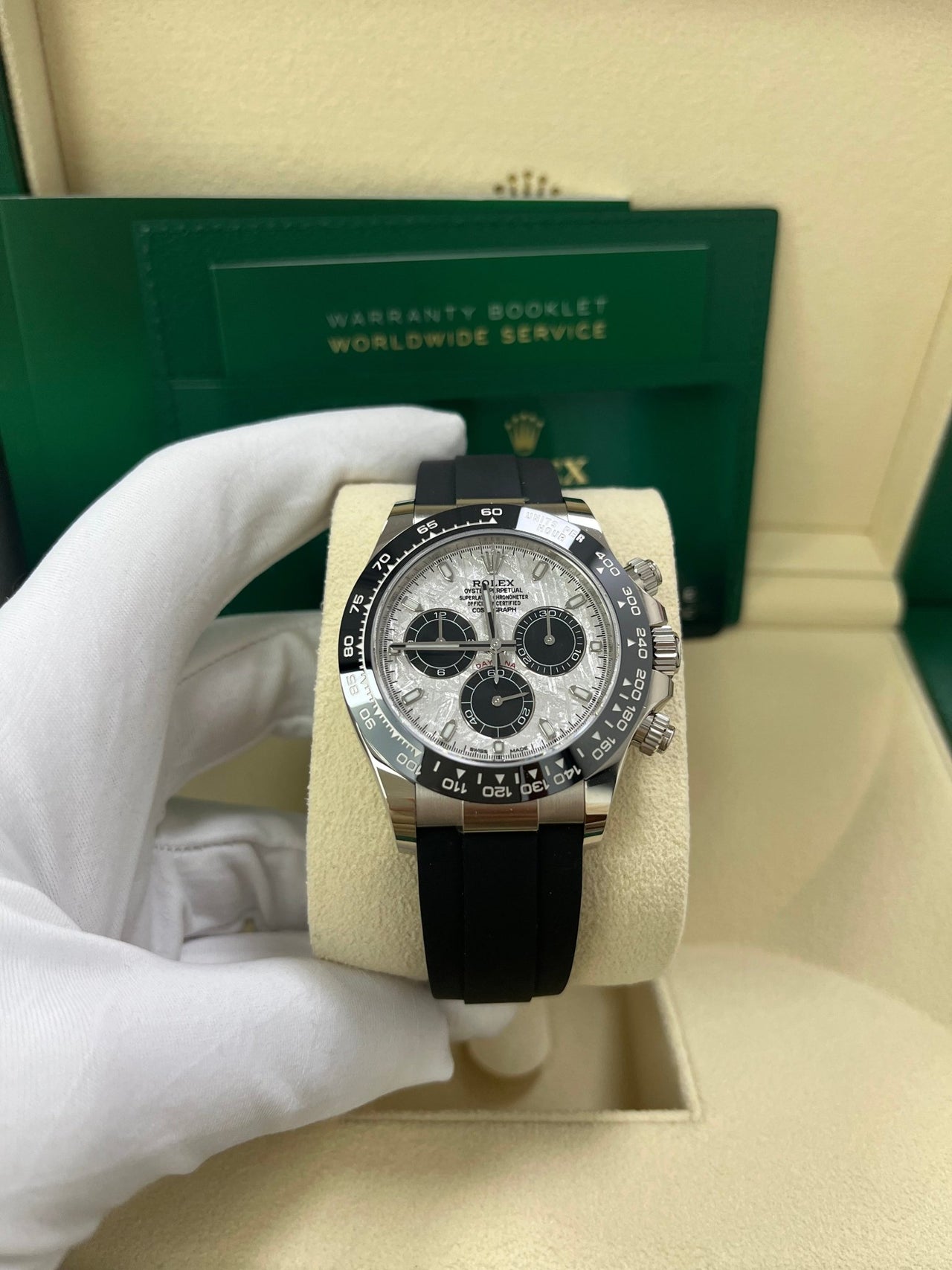 Rolex Daytona White Gold Daytona 40 Watch - Meteroite and Black Index Dial - Black Oysterflex 116519LN - Image 8