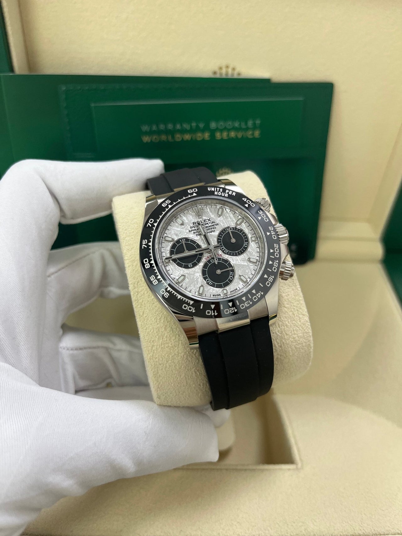 Rolex Daytona White Gold Daytona 40 Watch - Meteroite and Black Index Dial - Black Oysterflex 116519LN - Image 7