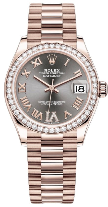 Rolex Everose Gold Datejust 31 Watch - Diamond Bezel - Rhodium Diamond Six Dial - President Bracelet (Reference # 278285RBR)