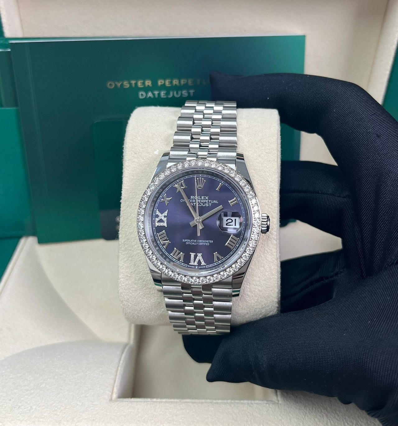 Rolex Steel Datejust 36 Watch - Diamond Bezel - Aubergine Purple Diamond Roman VI and IX Dial - Jubilee Bracelet (Reference #126284rbr) - Image 3