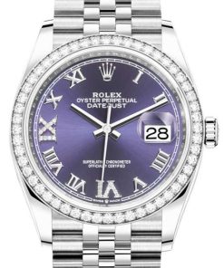 Rolex Steel Datejust 36 Watch - Diamond Bezel - Aubergine Purple Diamond Roman VI and IX Dial - Jubilee Bracelet (Reference #126284rbr)